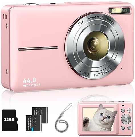 Digital Camera, FHD 1080P Kids Camera with 32GB Card, 2 Batteries, Lanyard, 16X Zoom Anti Shake, 44MP Compact Portable Small Point and Shoot Cameras Gift for Kids Student Children Teens Girl Boy(Pink): Detailed Review & Recommendations